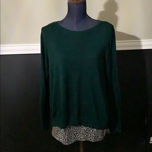 Forest green sweater with blouse underneath